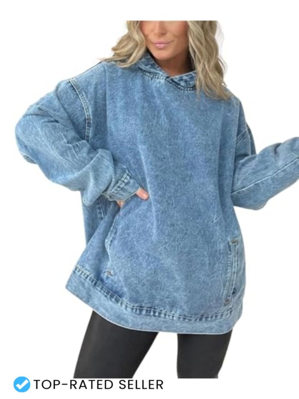 Vintage Distressed Denim Pullover Hoodie Jacket Women Long Sleeve Cotton Blend